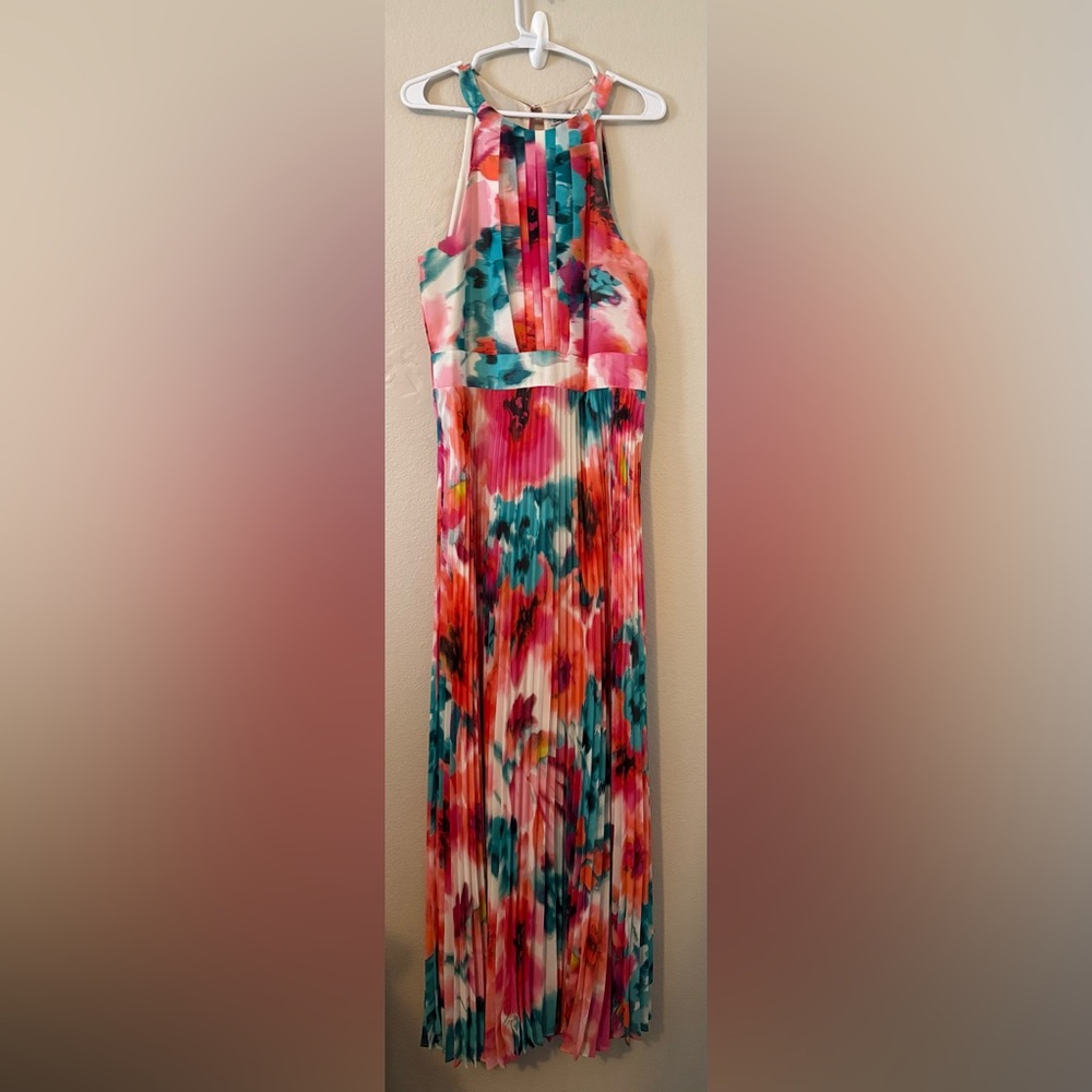 Eliza J Multicolor Floral Pleated Maxi Dress in Coral, Teal & White